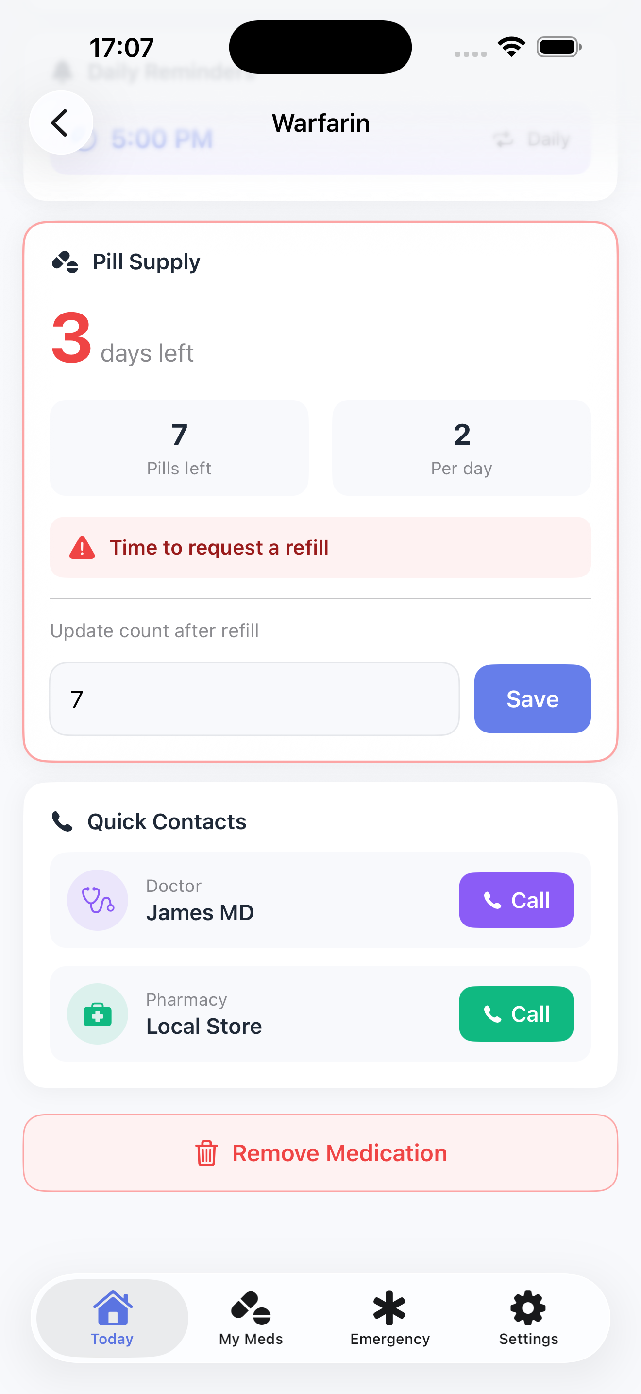 Refill alert and quick contacts